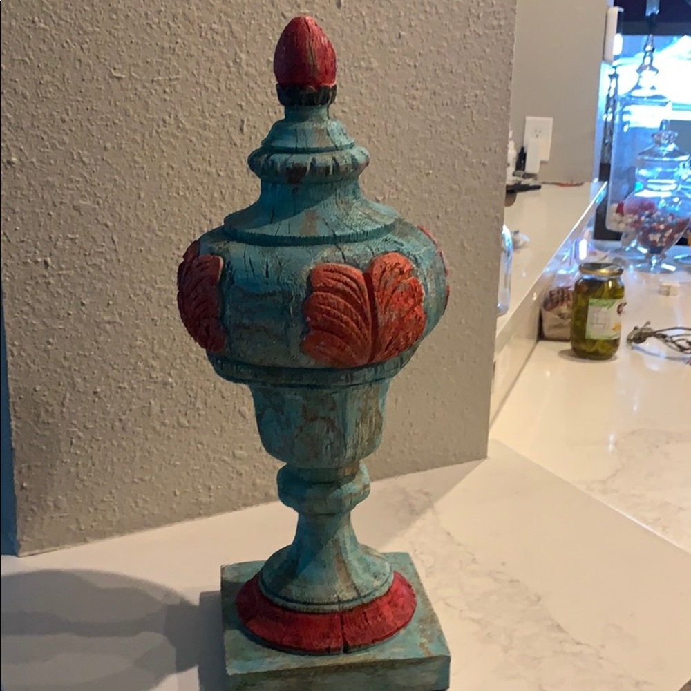 old wood looking statue   Orange /Turquoise